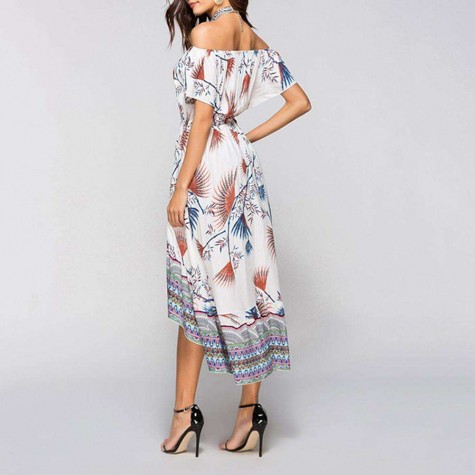 Off Shoulder Floral Print Dress Bohemian Beach Swing Dress