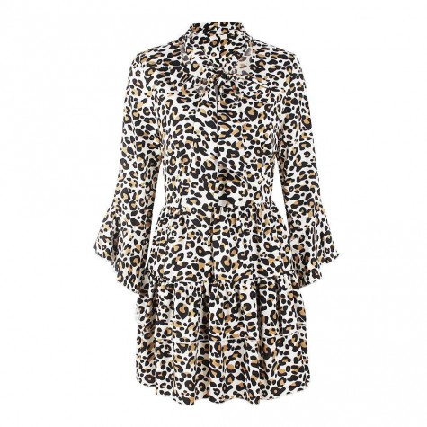 Leopard Print Long Sleeve Dress Turn Down Collar Summer Tunic Dresses