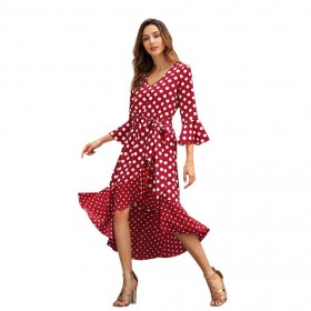 V-neck Long Ruffle Sleeve Dot Dress Irregular Summer Long Dresses