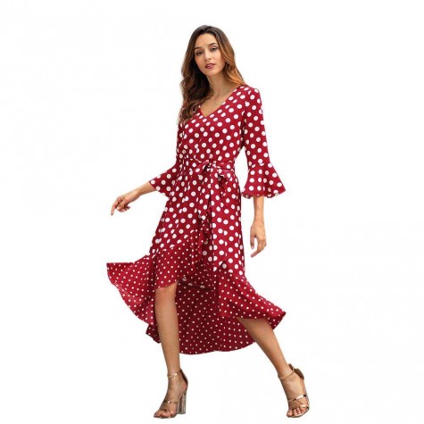 V-neck Long Ruffle Sleeve Dot Dress Irregular Summer Long Dresses