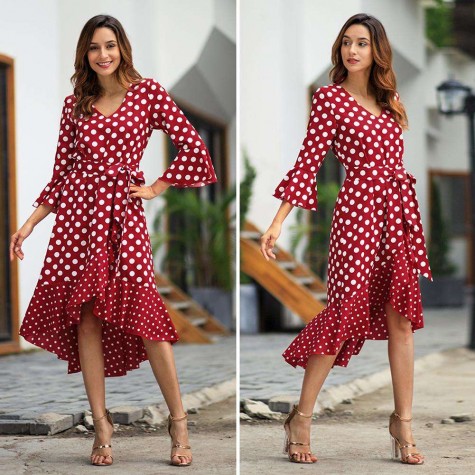 V-neck Long Ruffle Sleeve Dot Dress Irregular Summer Long Dresses