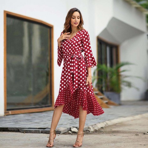 V-neck Long Ruffle Sleeve Dot Dress Irregular Summer Long Dresses