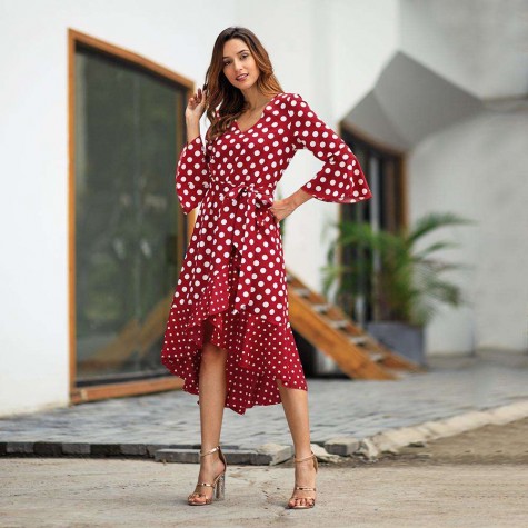 V-neck Long Ruffle Sleeve Dot Dress Irregular Summer Long Dresses