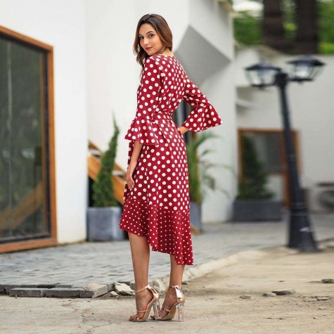 V-neck Long Ruffle Sleeve Dot Dress Irregular Summer Long Dresses