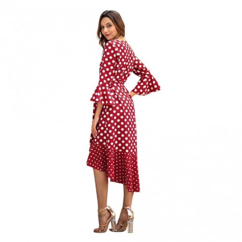 V-neck Long Ruffle Sleeve Dot Dress Irregular Summer Long Dresses