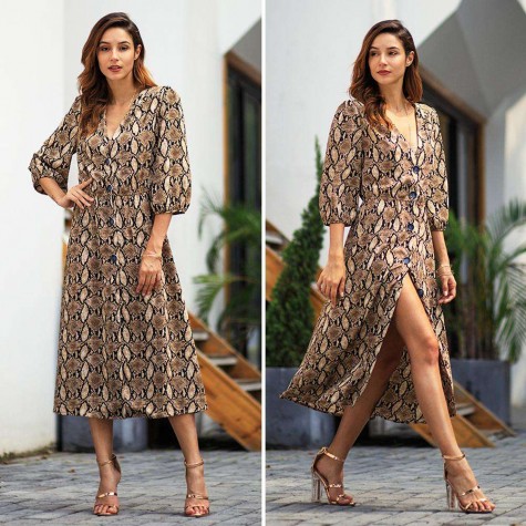 Retro Three Quarter Sleeve Snake Print Dress V-neck Slit Long Dresses