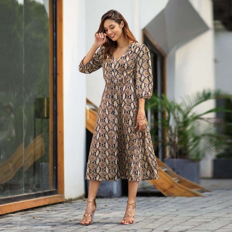 Retro Three Quarter Sleeve Snake Print Dress V-neck Slit Long Dresses