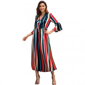 Colorful Stripes Slit Dress Long Sleeve V-neck Summer Long Dresses