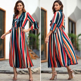 Colorful Stripes Slit Dress Long Sleeve V-neck Summer Long Dresses