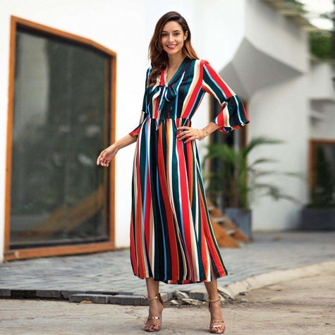 Colorful Stripes Slit Dress Long Sleeve V-neck Summer Long Dresses