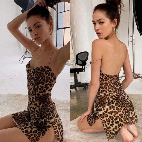 Summer Charming Spaghetti Strap Dress Leopard Print High Split Clothing