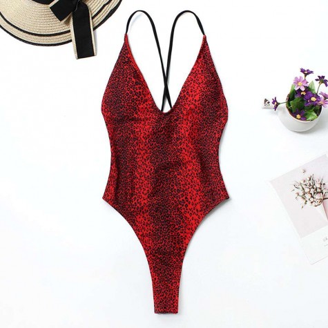 Charming One Piece Swimsuit Leopard Print Backless Lace Up Bathing Suit