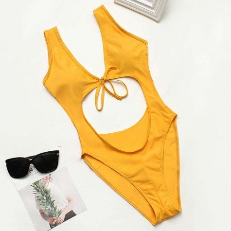 One Piece Swimsuit Backless High Cut Charming Swim Monokini (Yellow M)