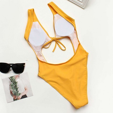 One Piece Swimsuit Backless High Cut Charming Swim Monokini (Yellow M)