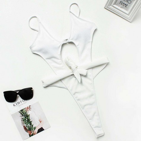 Charming Swimsuit Bandage One Piece Hollow Backless Bathing Suit (White M