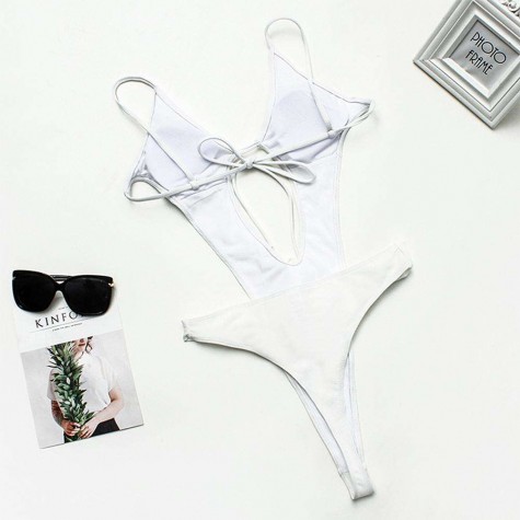 Charming Swimsuit Bandage One Piece Hollow Backless Bathing Suit (White M