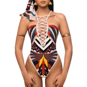 Charming Bandage One Piece Swimsuit Hollow Totem Print Monokini