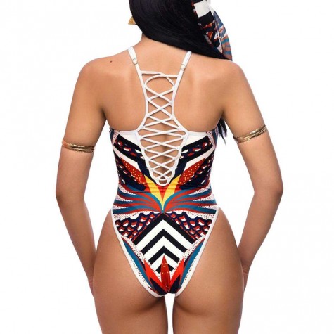 Charming Bandage One Piece Swimsuit Hollow Totem Print Monokini