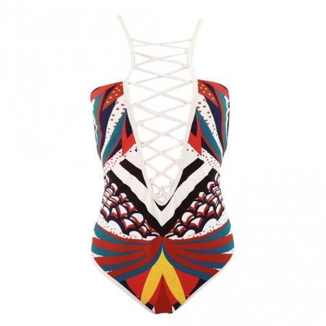 Charming Bandage One Piece Swimsuit Hollow Totem Print Monokini