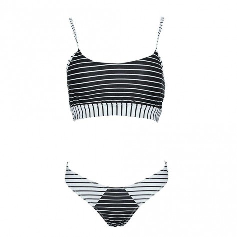 Charming Bikini Black White Stripe Swimsuit Splicing Padded Swimwear