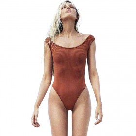 Charming High Waist One Piece Swimsuit Solid Monokini (Light Brown M)