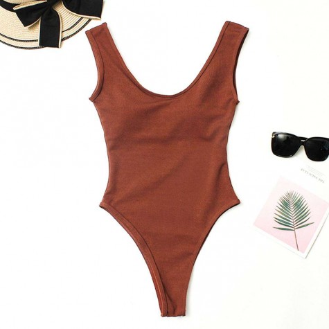 Charming High Waist One Piece Swimsuit Solid Monokini (Light Brown M)