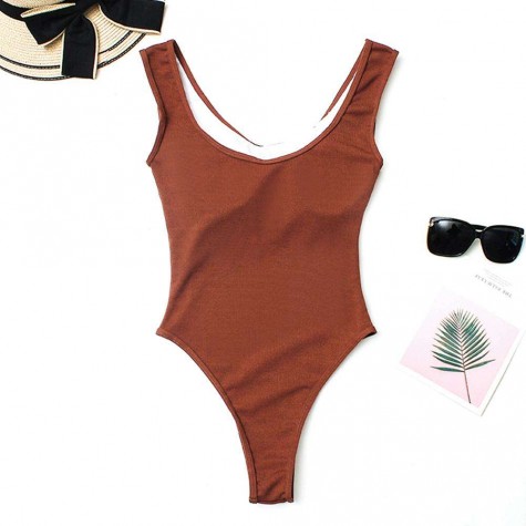 Charming High Waist One Piece Swimsuit Solid Monokini (Light Brown M)