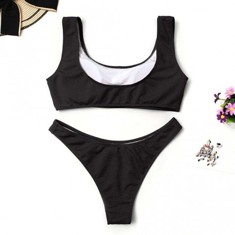 Charming Bikini Set Spaghetti Strap Bra Striped Solid Color Swimsuit