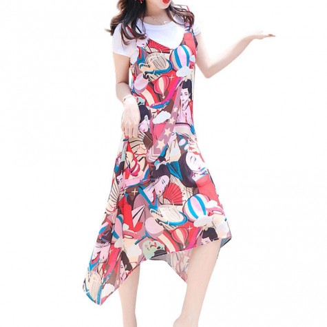 Floral Print Sleeveless Dress Sling Irregular O-neck Long Dresses