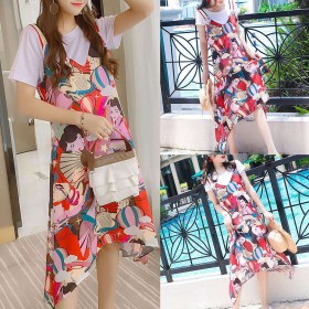 Floral Print Sleeveless Dress Sling Irregular O-neck Long Dresses