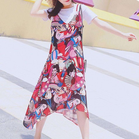 Floral Print Sleeveless Dress Sling Irregular O-neck Long Dresses