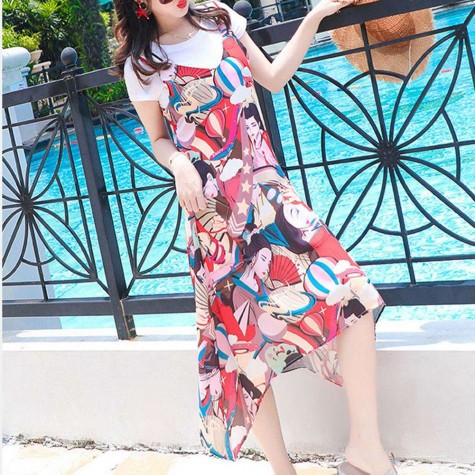 Floral Print Sleeveless Dress Sling Irregular O-neck Long Dresses