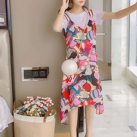 Floral Print Sleeveless Dress Sling Irregular O-neck Long Dresses