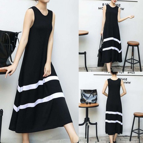 Summer Sleeveless Long Dress Stripe O-Neck Loose Beachwear