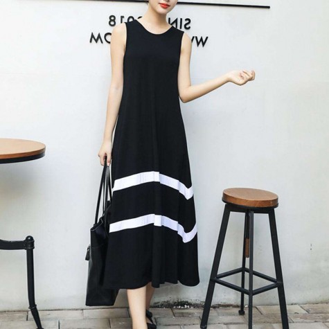 Summer Sleeveless Long Dress Stripe O-Neck Loose Beachwear