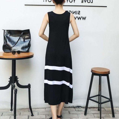 Summer Sleeveless Long Dress Stripe O-Neck Loose Beachwear