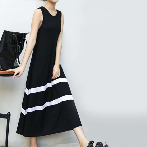 Summer Sleeveless Long Dress Stripe O-Neck Loose Beachwear