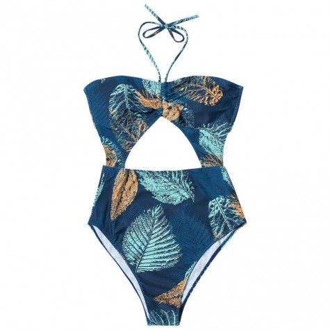 Charming One Piece Bikini Swimsuit Flower Print Swimwear Halter Bathing Suit