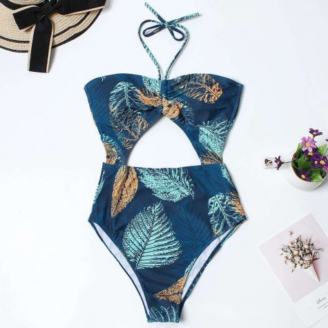 Charming One Piece Bikini Swimsuit Flower Print Swimwear Halter Bathing Suit