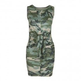 Sleeveless Camo Print Dress Lace-up O-Neck Daily Tunic Sundresses