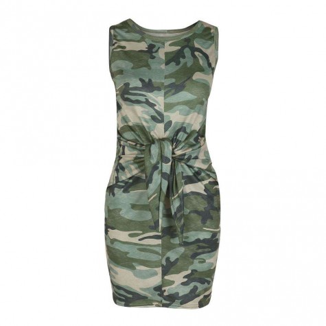 Sleeveless Camo Print Dress Lace-up O-Neck Daily Tunic Sundresses