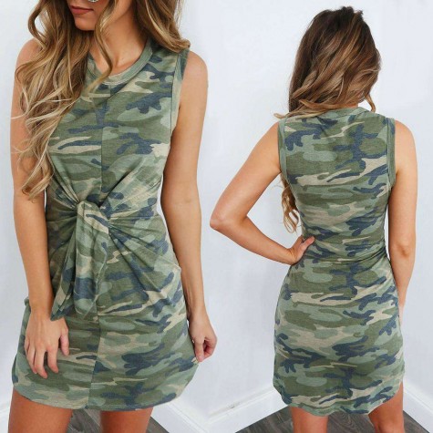 Sleeveless Camo Print Dress Lace-up O-Neck Daily Tunic Sundresses