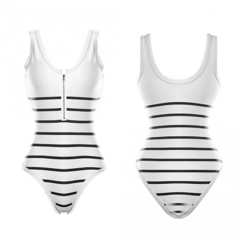 Striped One Piece Swimsuit Charming Zipper Bikini Monokini Beachwear