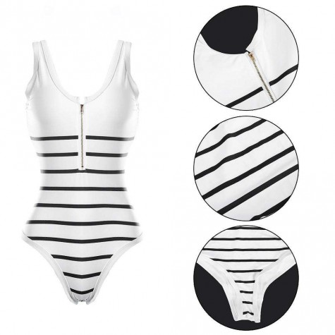 Striped One Piece Swimsuit Charming Zipper Bikini Monokini Beachwear