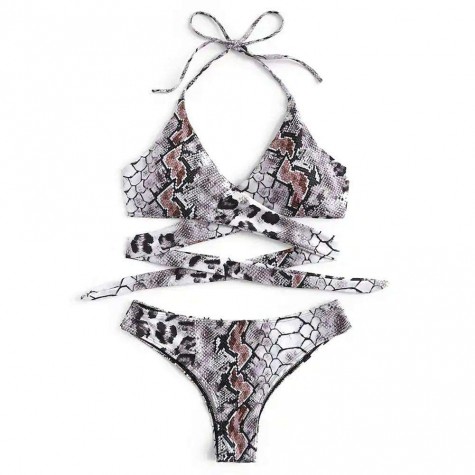 Snake Print Charming Split Swimsuit Bikinis Set Padded Beach Swimwear