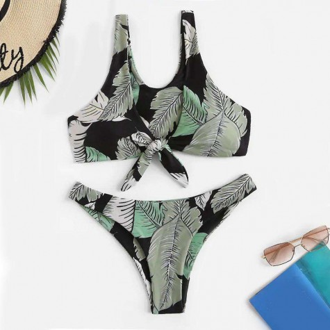 Charming Leaf Print Split Swimsuit Lace-Up Bikinis Set Padded Swimwear