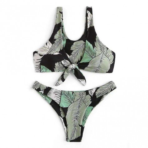 Charming Leaf Print Split Swimsuit Lace-Up Bikinis Set Padded Swimwear