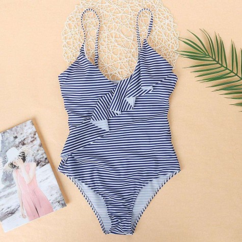 Off Shoulder Stripe One Piece Swimwear Ruffles Swimsuit Monokini