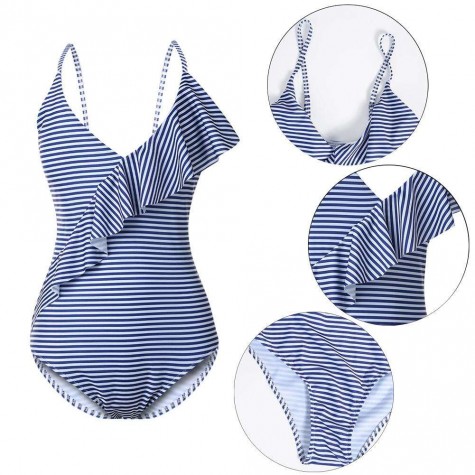 Off Shoulder Stripe One Piece Swimwear Ruffles Swimsuit Monokini