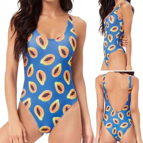 One Piece Swimsuit Fruit Pawpaw Print Monokini Charming Bathing Suits (L)